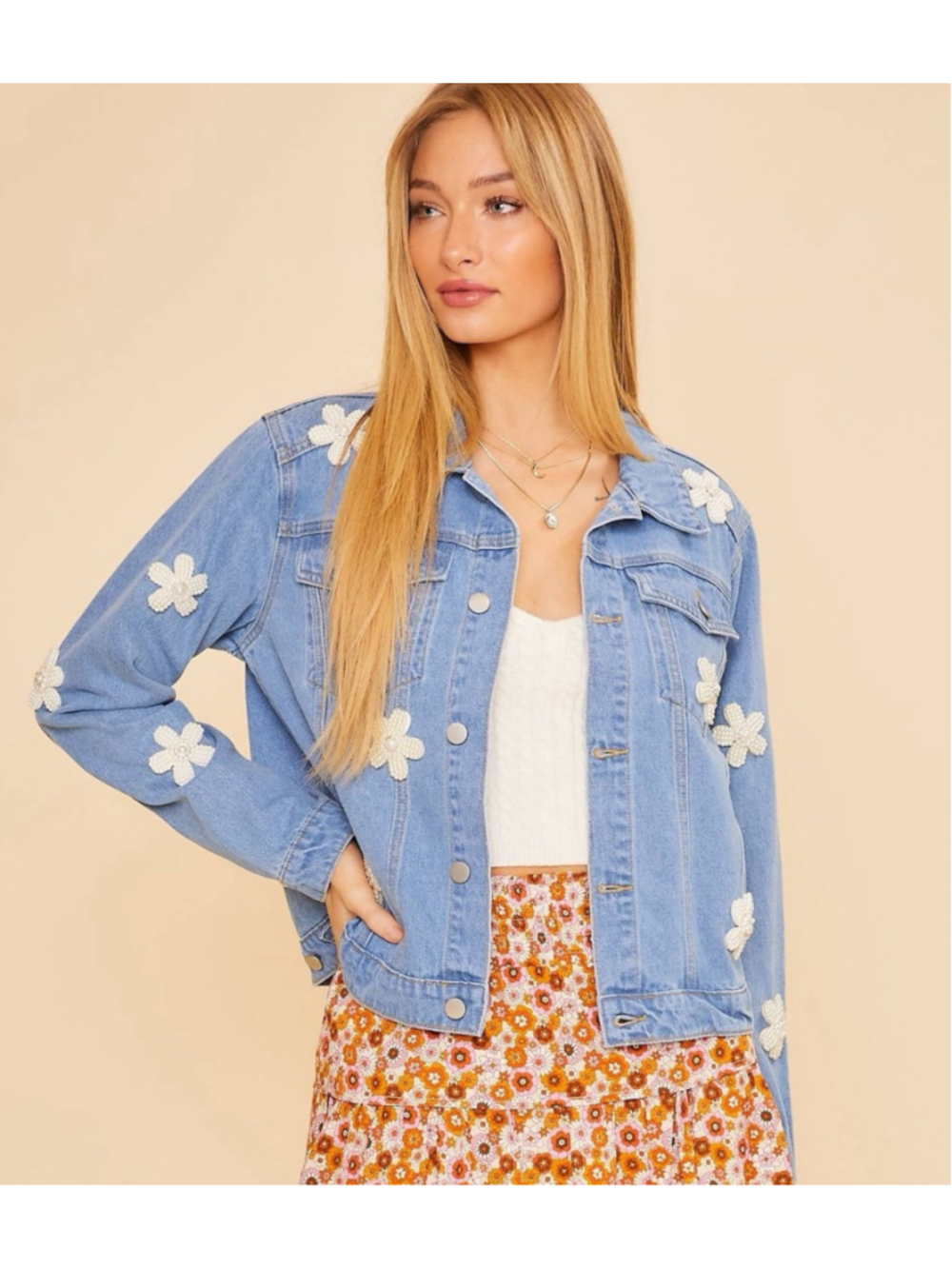 NWT Arula Pearl Embellished Daisy Denim Jacket